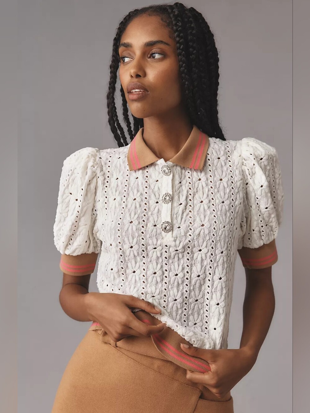NWT Maeve Anthropologie White Puff Sleeve Lace Polo Blouse Top Size Large